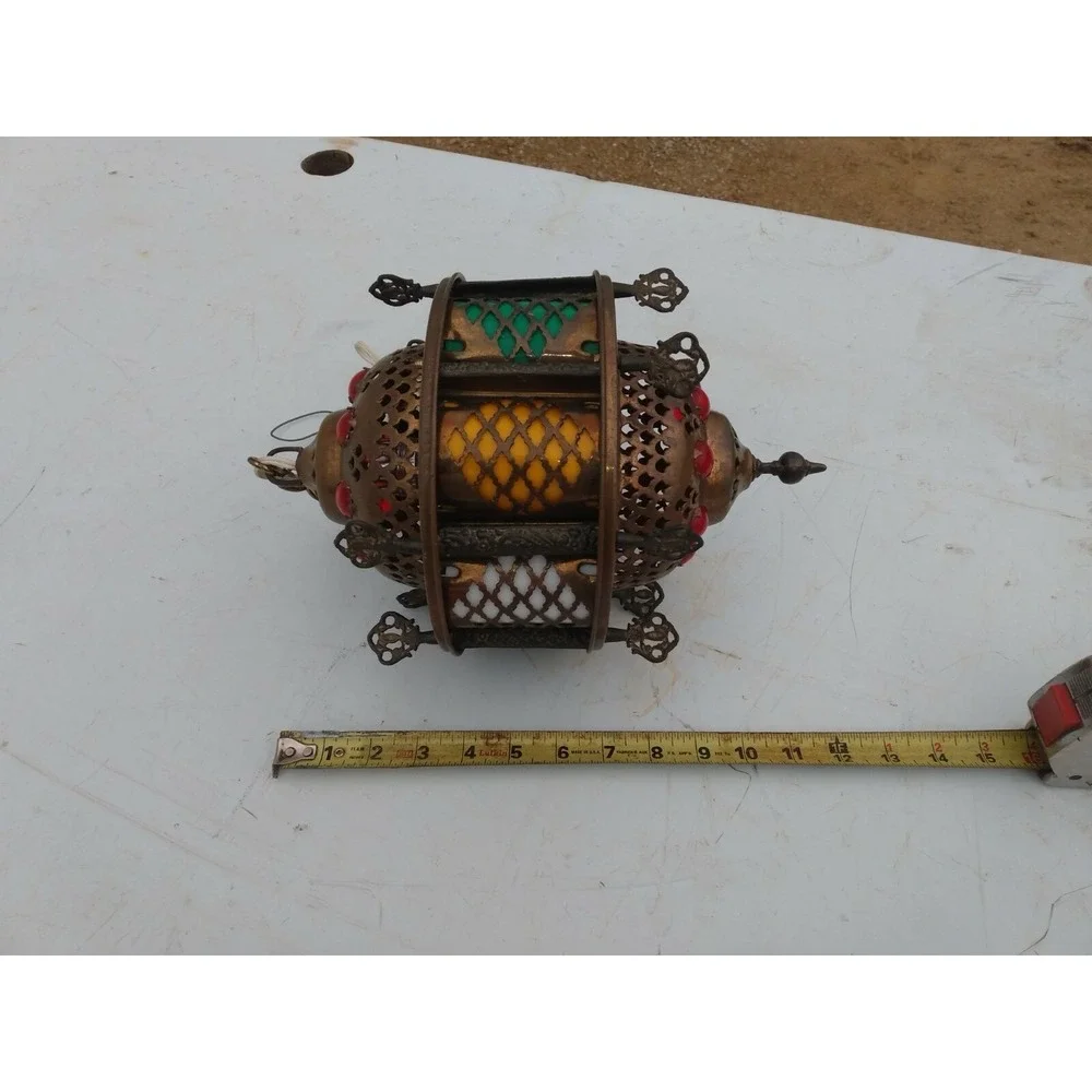 Vintage Moroccan Brass Jeweled Lantern Hanging Swag Lamp Colorful Glass Cabochon